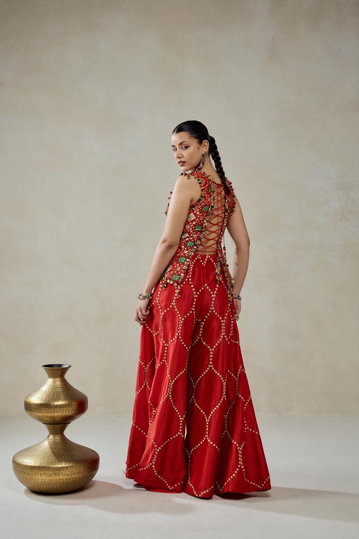 Red Patola Silk Sharara Set with Embellished Structured Top