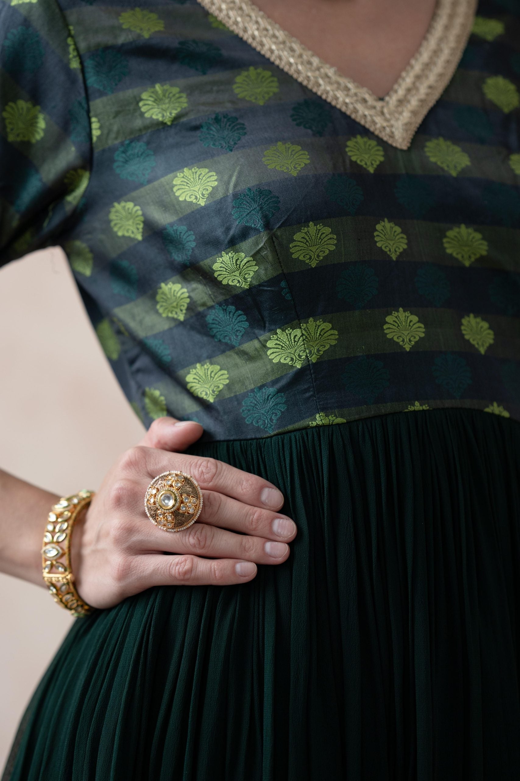 Bottle Green Tanchoi Silk Anarkali with palazzo