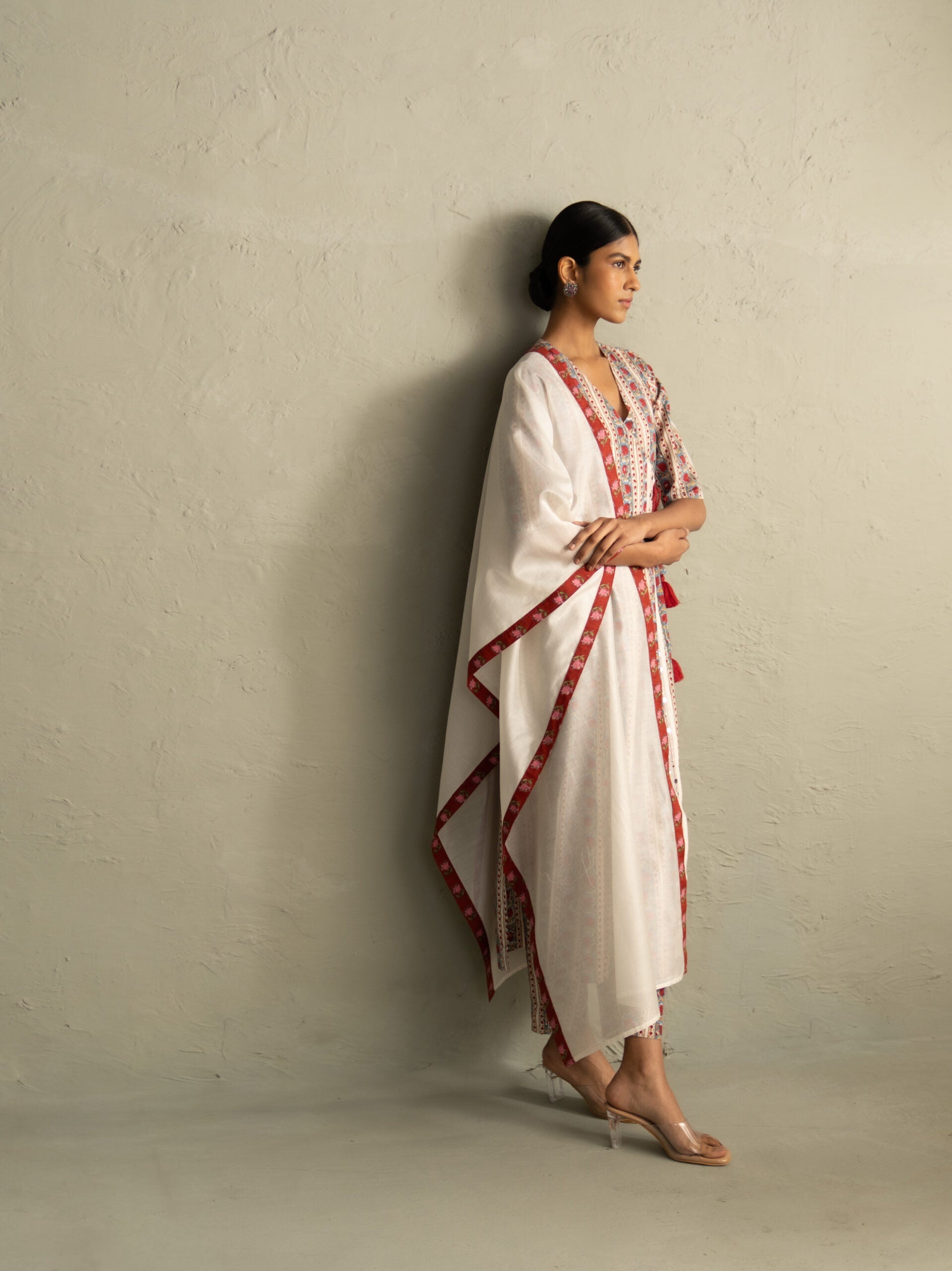 Cream Phool Dori Hand Block Angrakha Straight Kurta Set