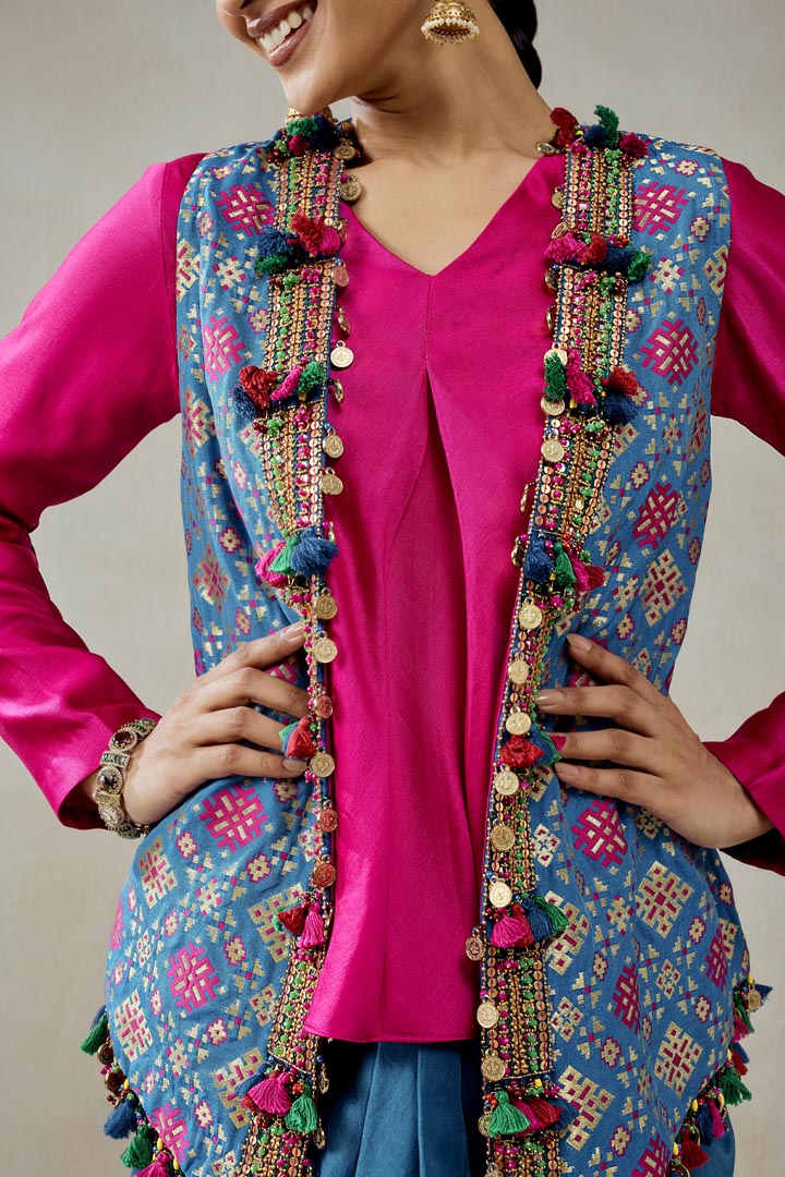 Royal Blue Patola Silk Jacket and Dhoti Skirt Set