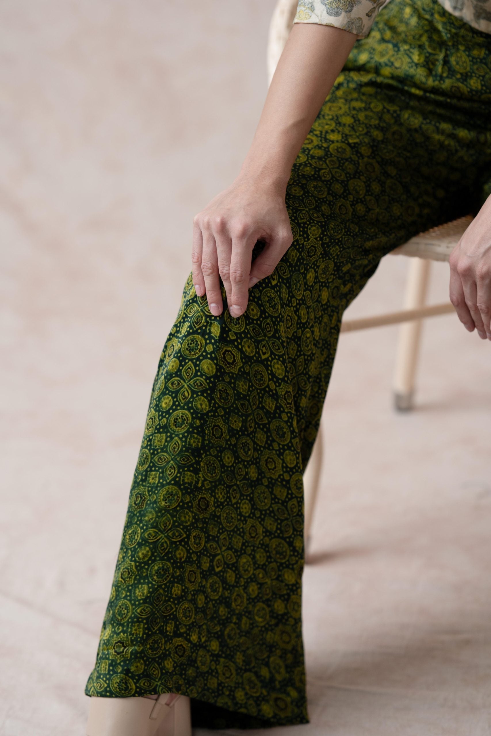 Green beige Crop top with forest green and mustard Ajrak print pleated pants