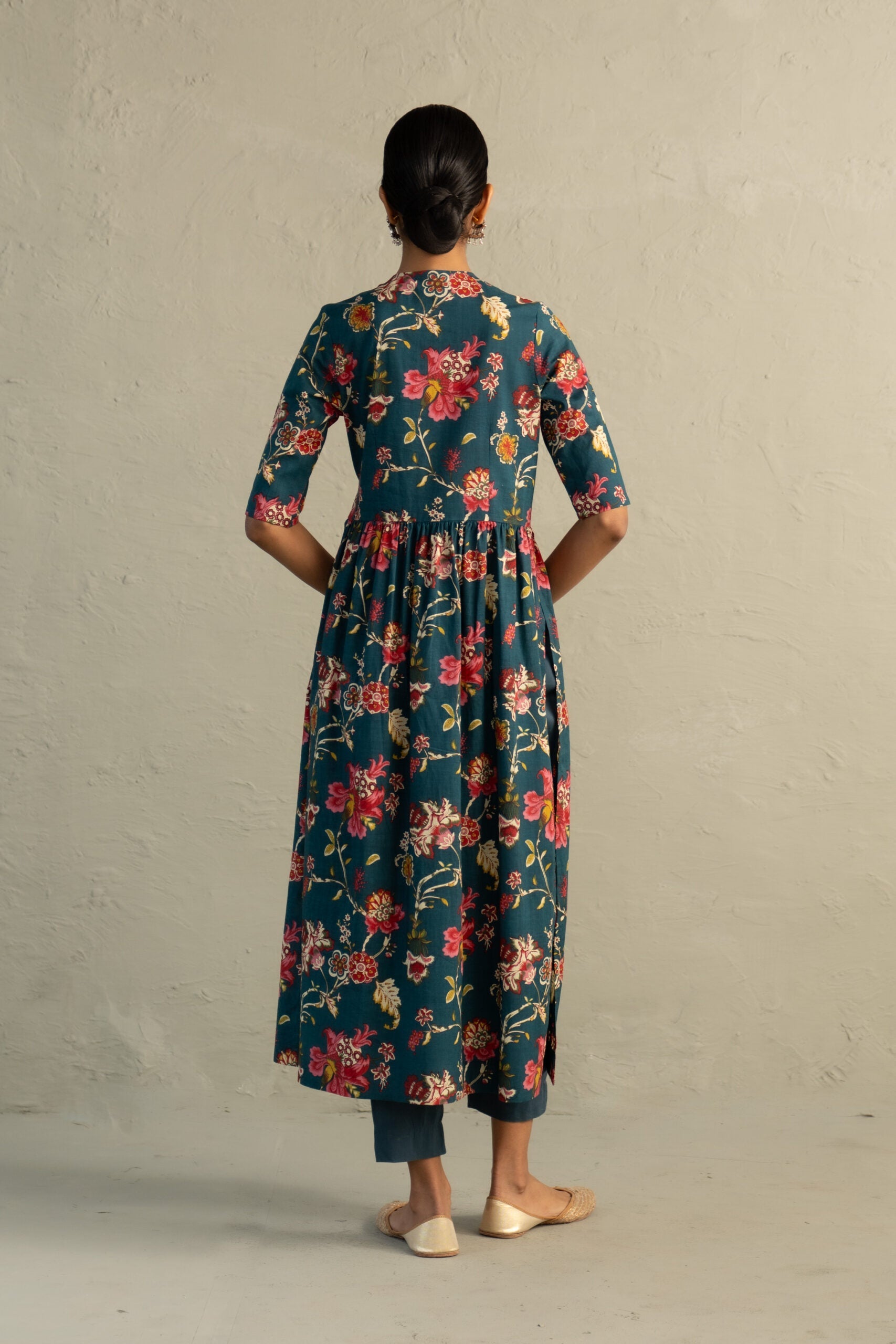 Teal Phool Dori Angrakha Straight Kurta Set