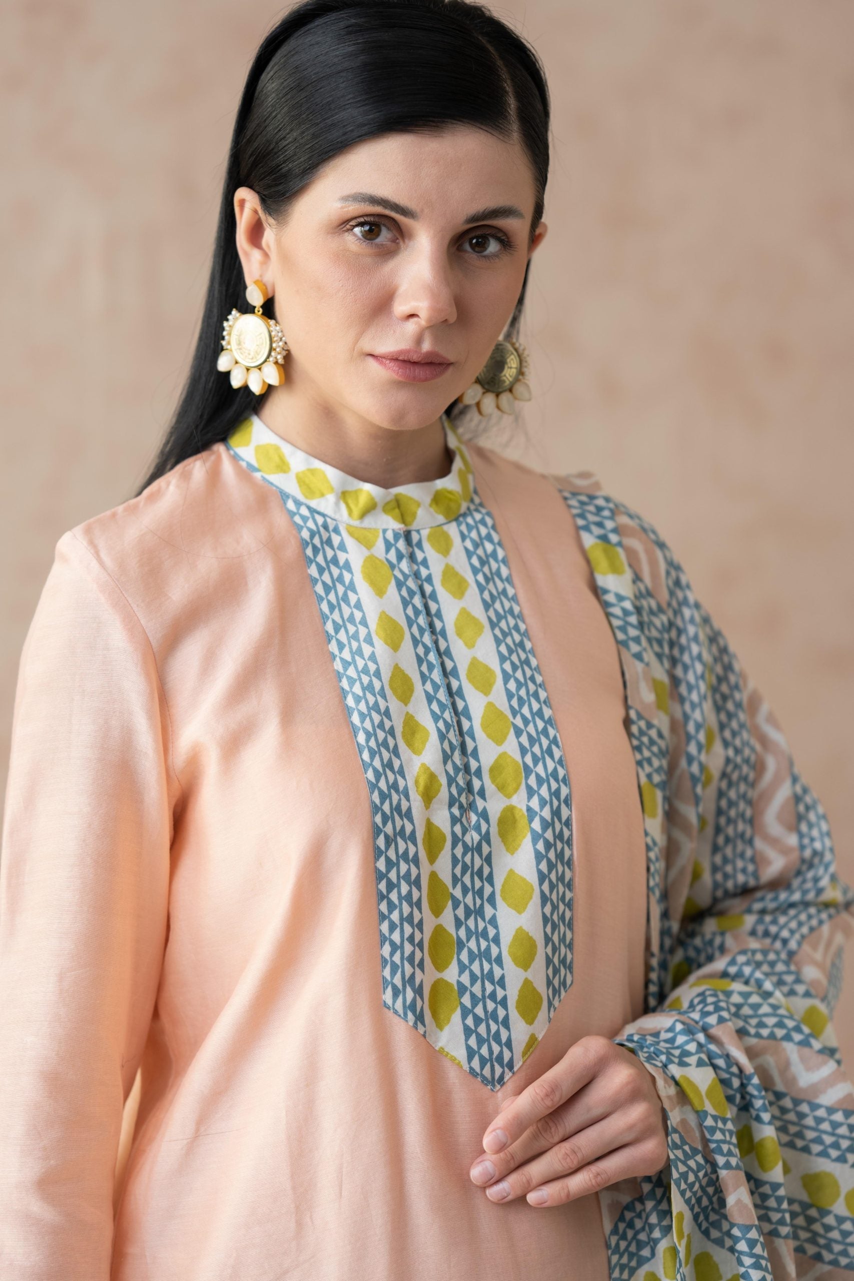 Peachy Pink Chanderi silk kurta with cotton silk printed palazzo and dupatta