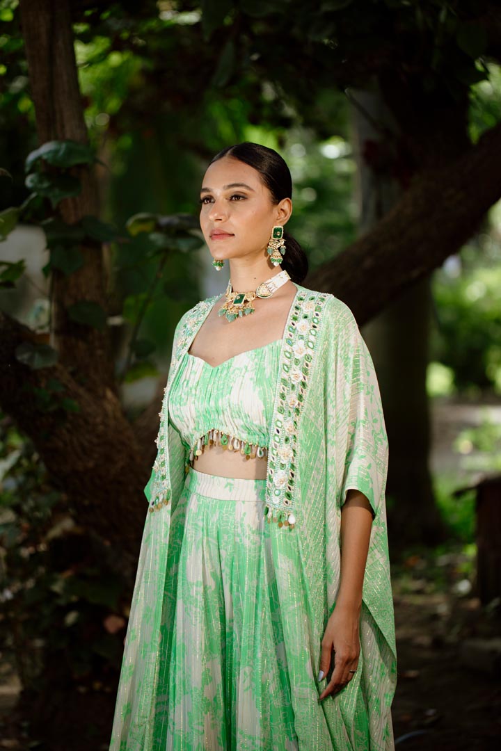 Green Viscose Georgette Digital Printed & Embroidered Jacket Set