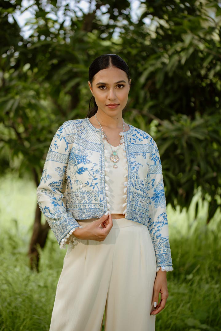 Blue Silk Digital Printed & Embroidered Jacket Set