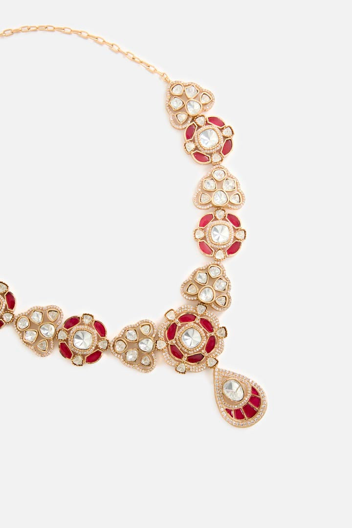 Gold-Plated Red Gemstones Kundan Necklace & Earring Set