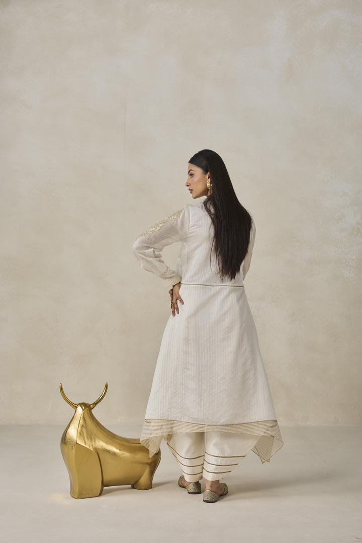 Ivory Chanderi Asymmetrical Kurta Set with Gold Embroidery