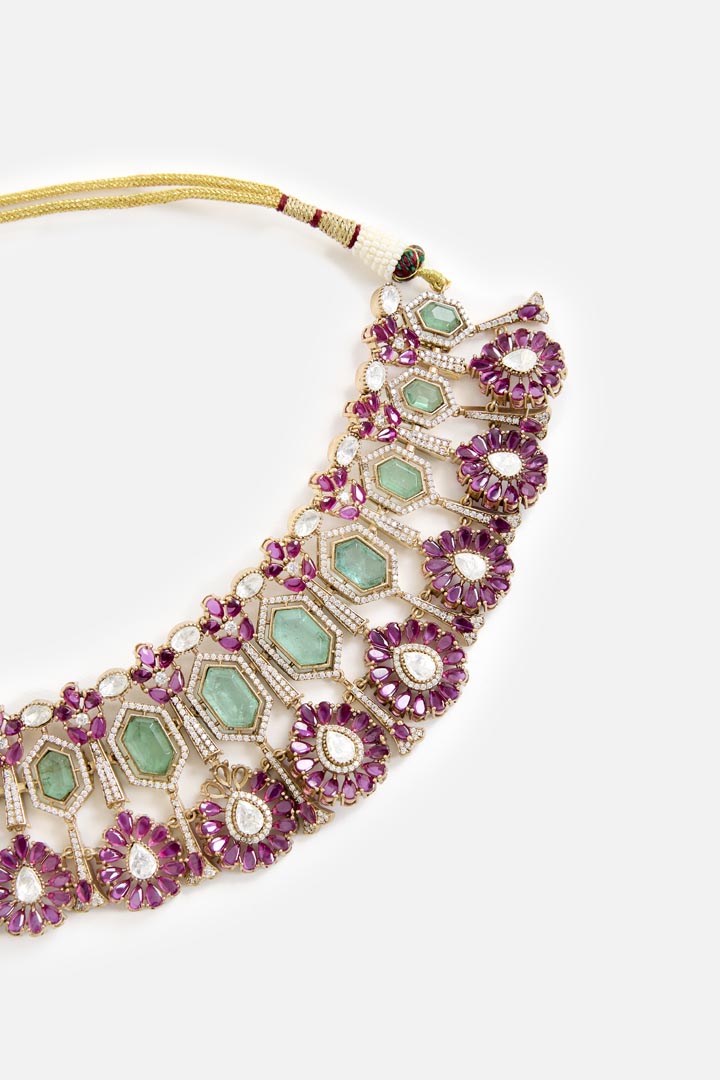 Gold-Plated Green & Pink Stone Choker Necklace Set