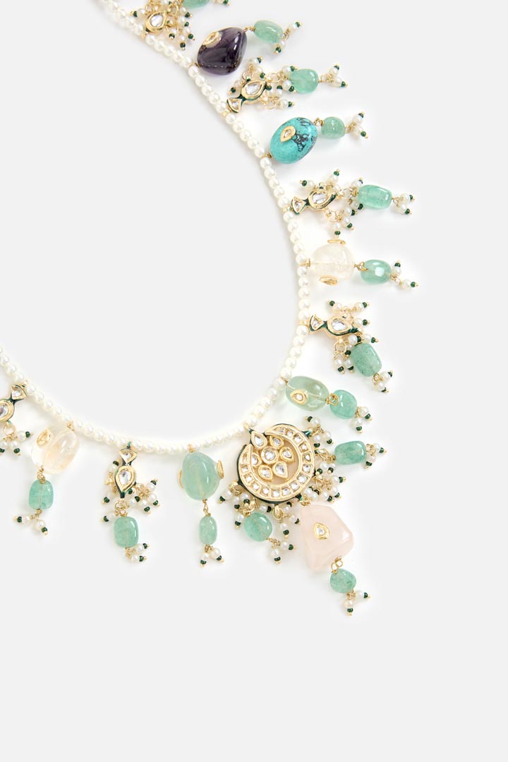 Floral Pearl & Emerald Layered Statement Necklace Set