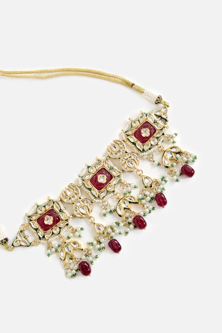 Gold-Tone Choker Necklace & Earring Set with Red Stone and Pearl Detailing