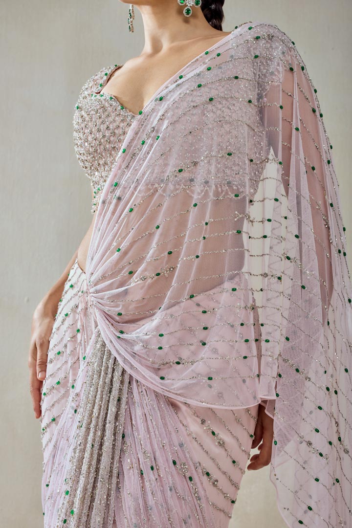 Baby Pink Draped Saree Set with Sequin Work for Weddings