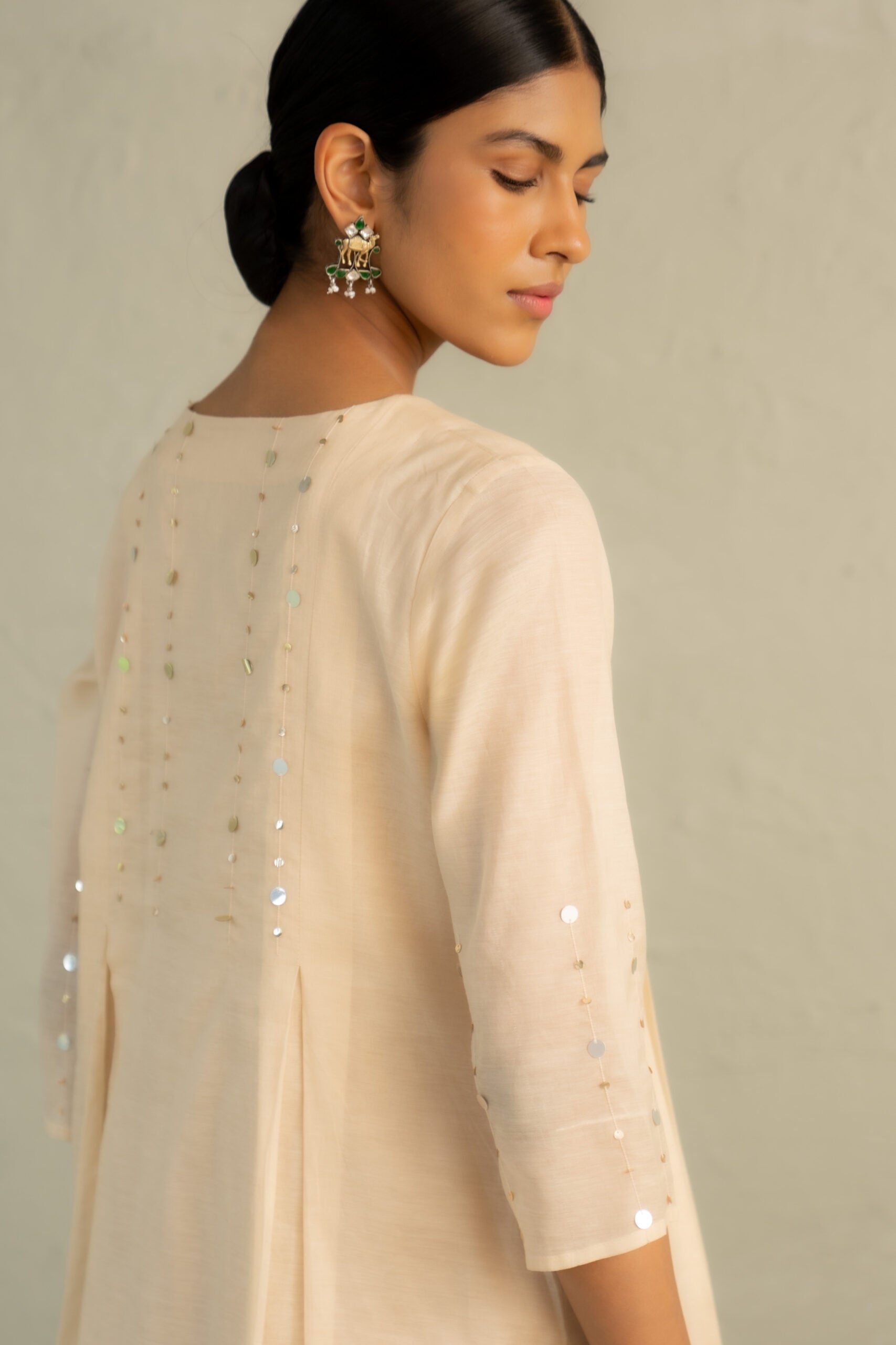 Beige Phool Dori Pleated Kurta Set