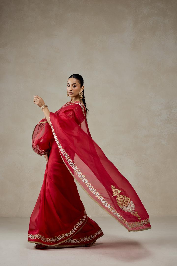 Elegant Red Organza Saree Set with Gold Embroidery and Brocade Blouse