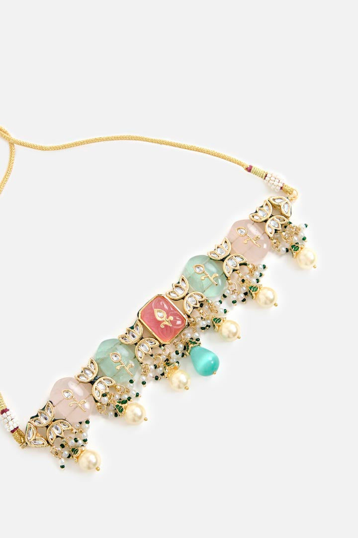 Gold-Tone Multicolor Stone Choker Necklace & Earring Set