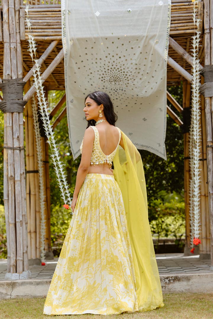 Yellow Viscose Georgette Digital Printed Gathered Lehenga Set