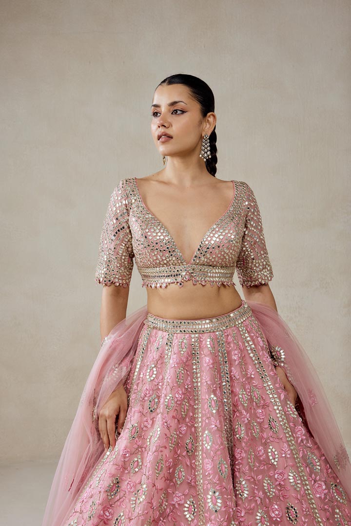 Pink Organza Mirror Work Lehenga Set with Multiresham Embroidery