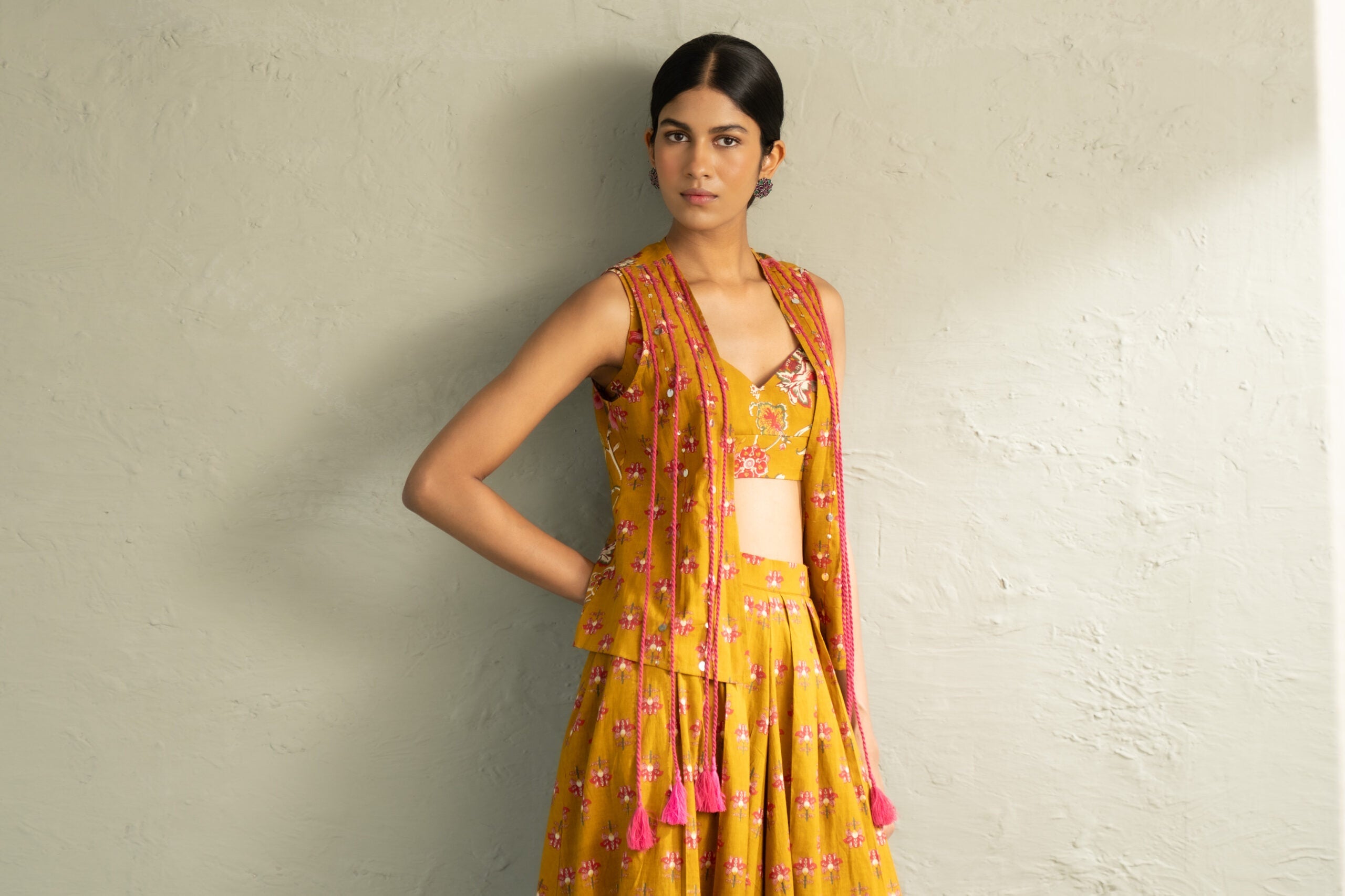Mustard Phool Dori Coord Skirt Jacket Set
