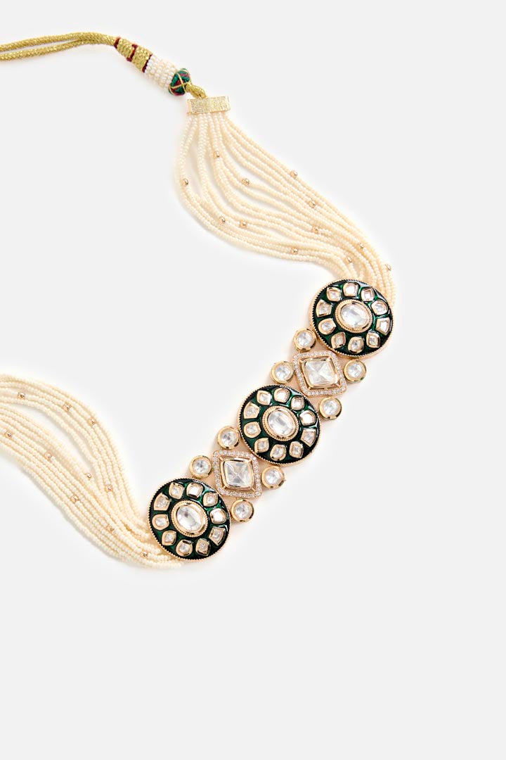 Pearl Choker Necklace & Earring Set with Black and White Stone Floral Motifs