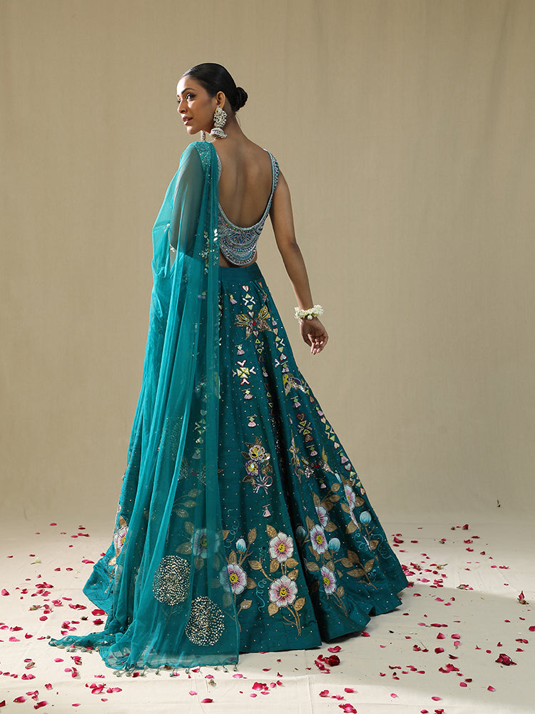 Teal green handpainted Lehnga set