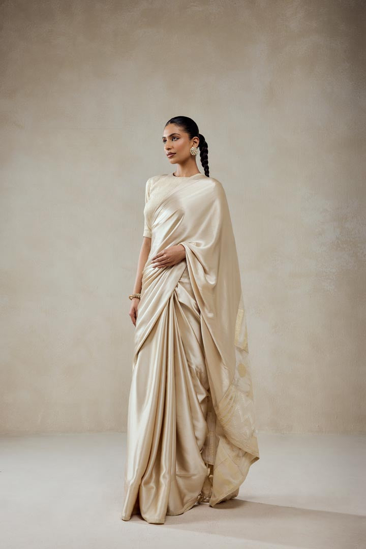Ivory Monga Tissue Gold Striped Saree Set - Elegant Ethnic Wear