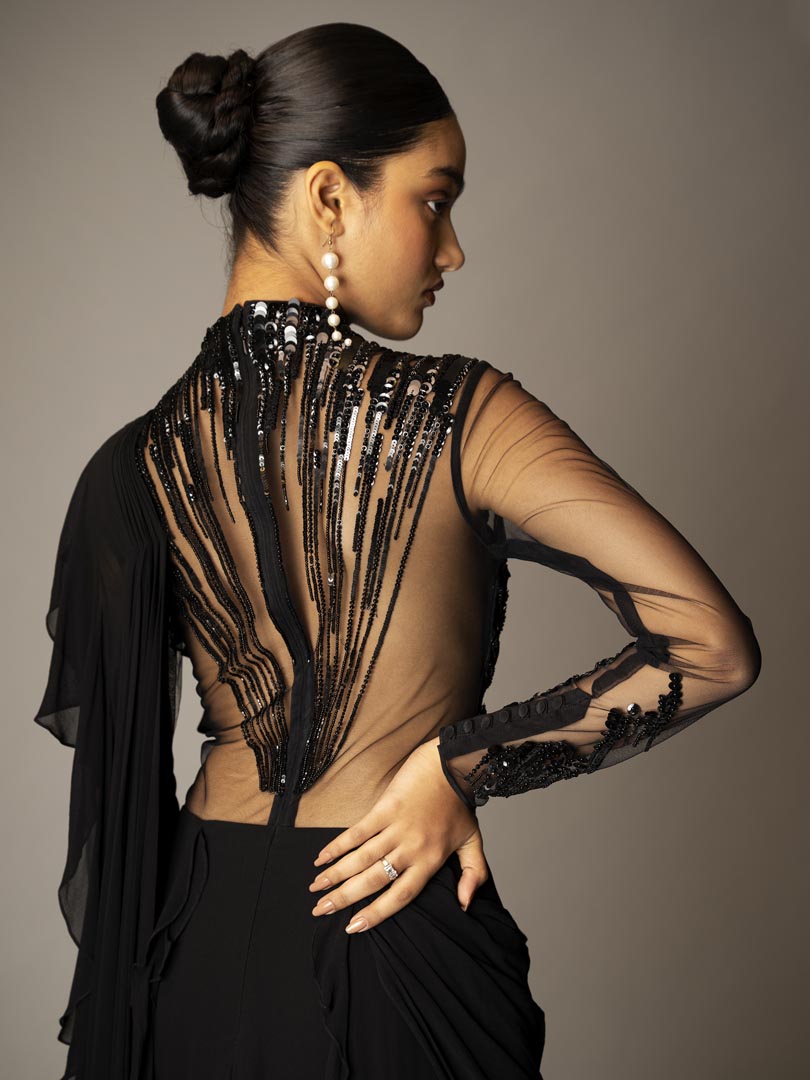 Black Georgette Sequins Hand Embellished Gown Saree