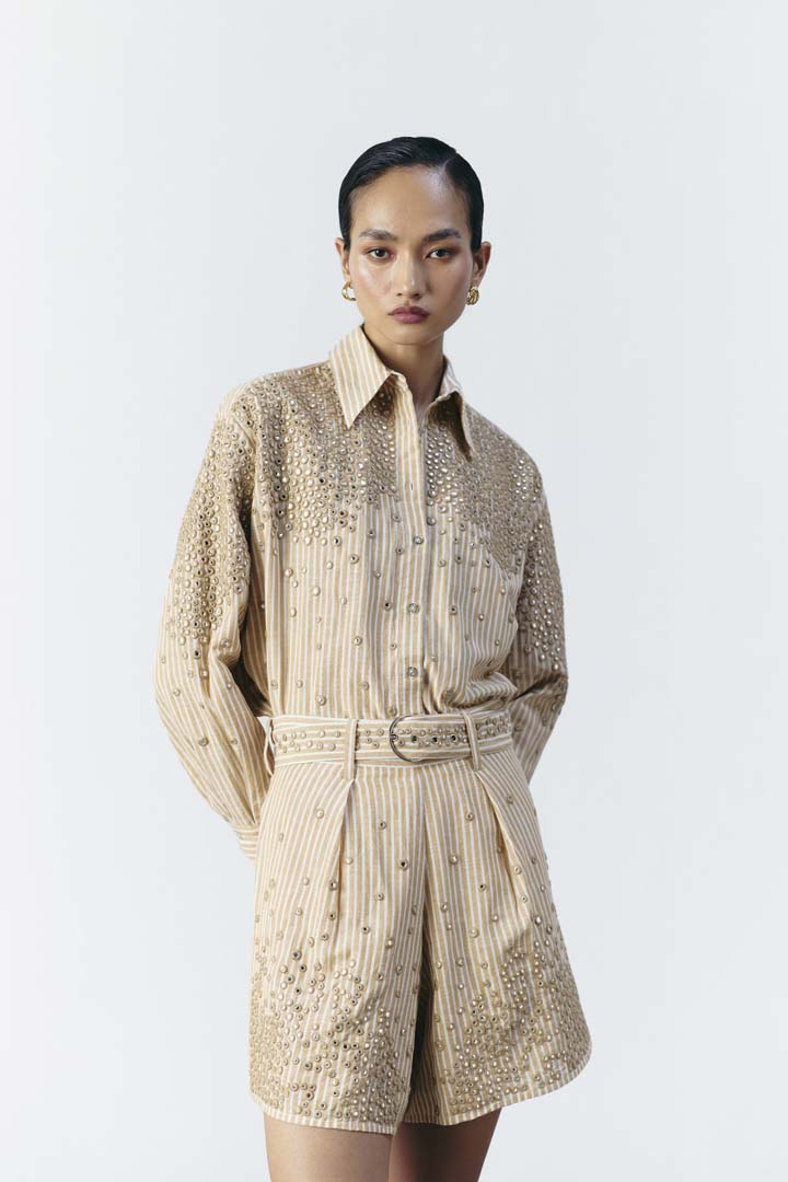 STRIPE MIRROR EMBELLISHED SHIRT
