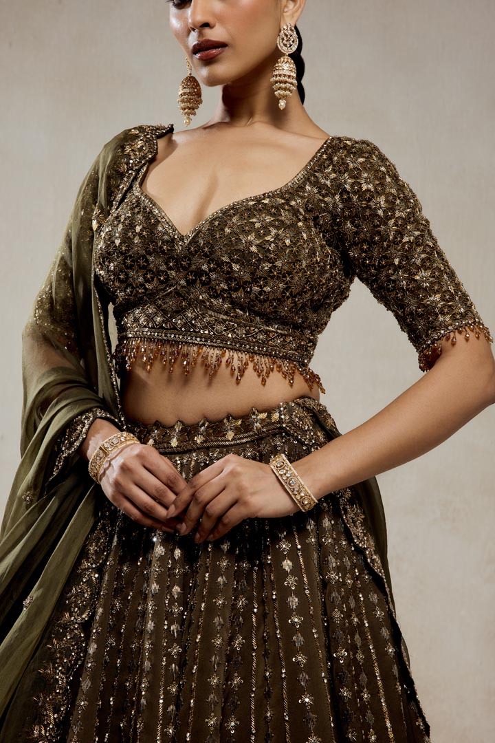 Mehendi Green Embroidered Organza Lehenga Set for Wedding Couture