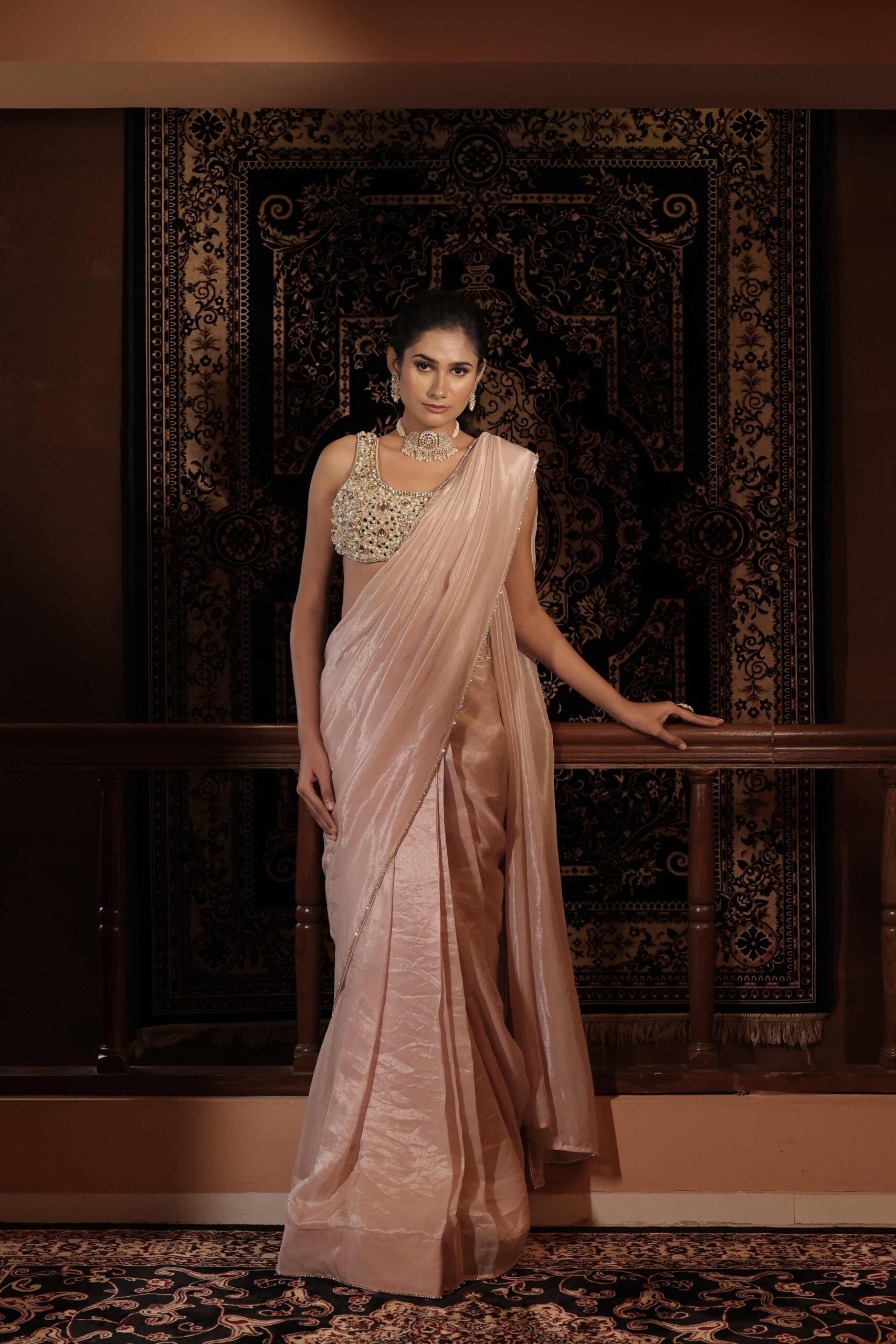 The " Hiramoti " saree set /Blush pink kundan and pearl embellished tissue saree set