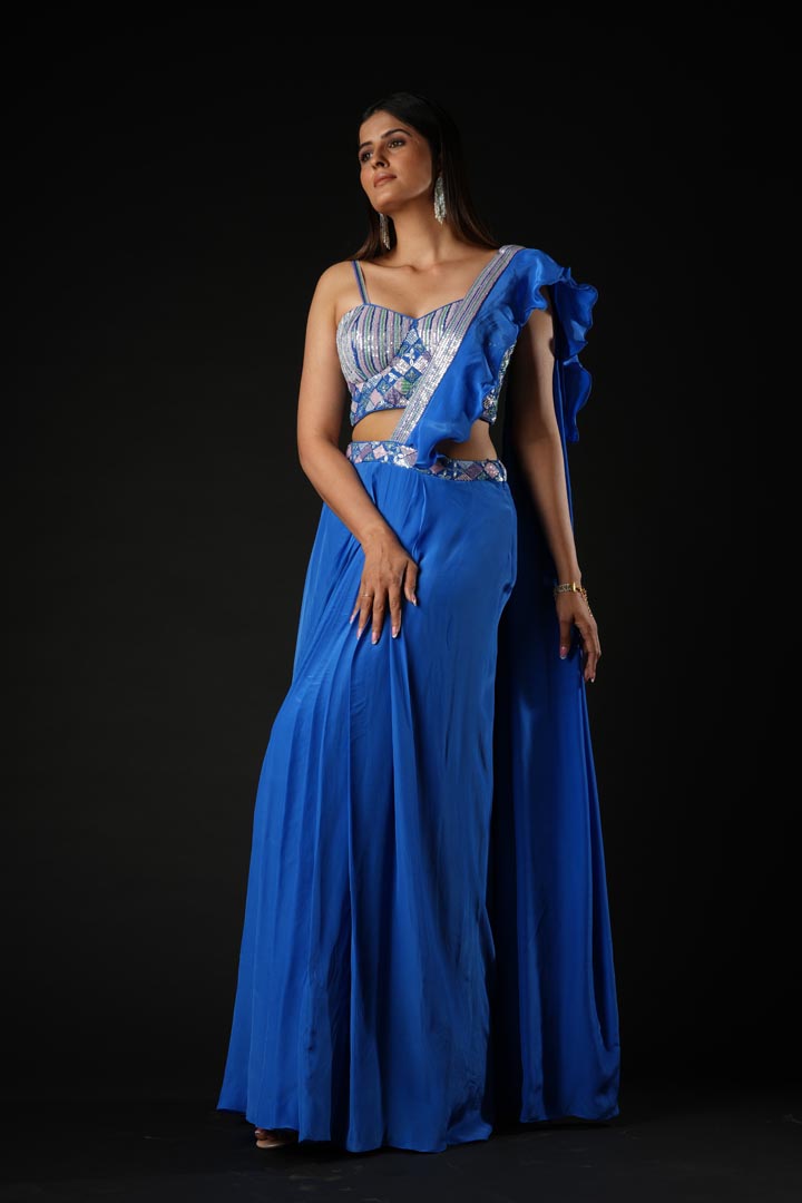 Cobalt Blue Viscose Ruffled Drape Saree Set