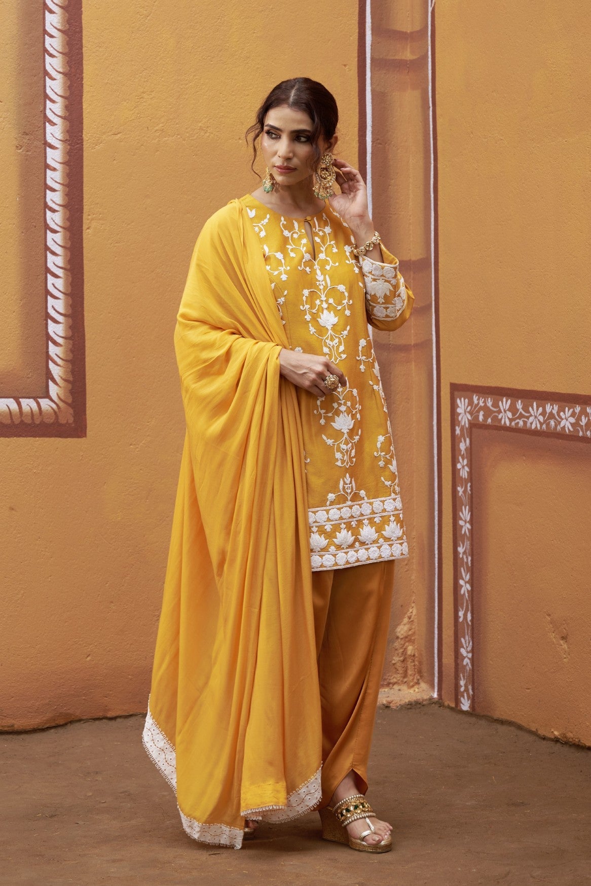 Lotus motif thread work golden yellow Kurta Set