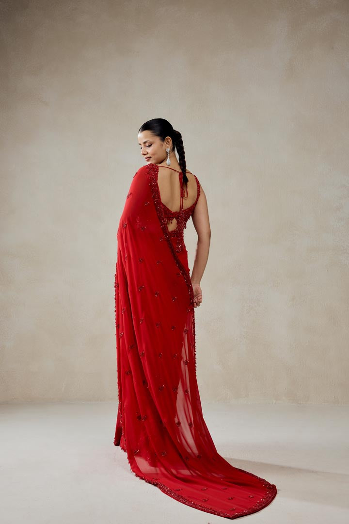 Red Georgette Saree Set with Embellished Blouse for Weddings