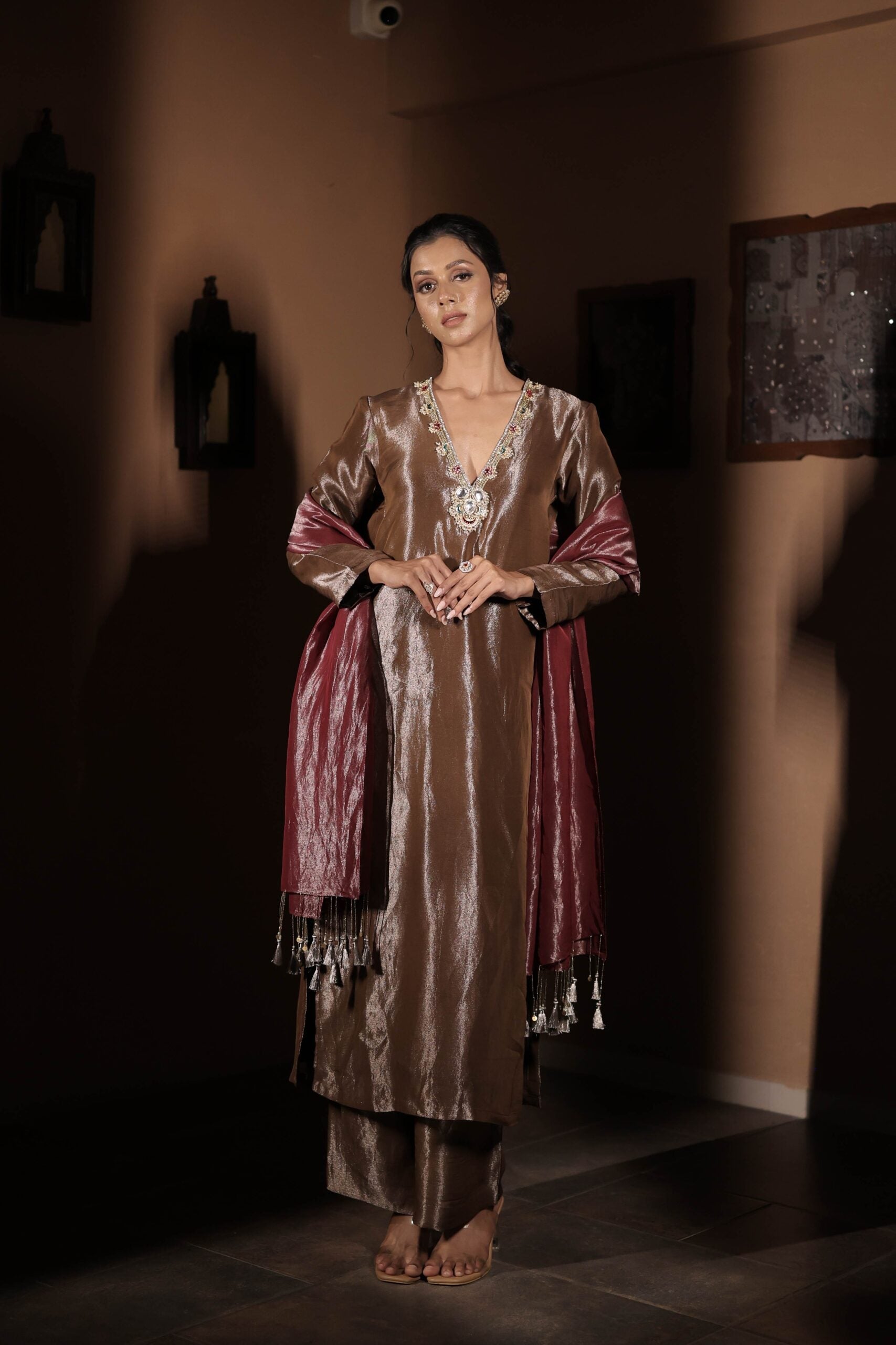The "Tamra Sundari "kurta set /copper jewel embellished tissue suit set