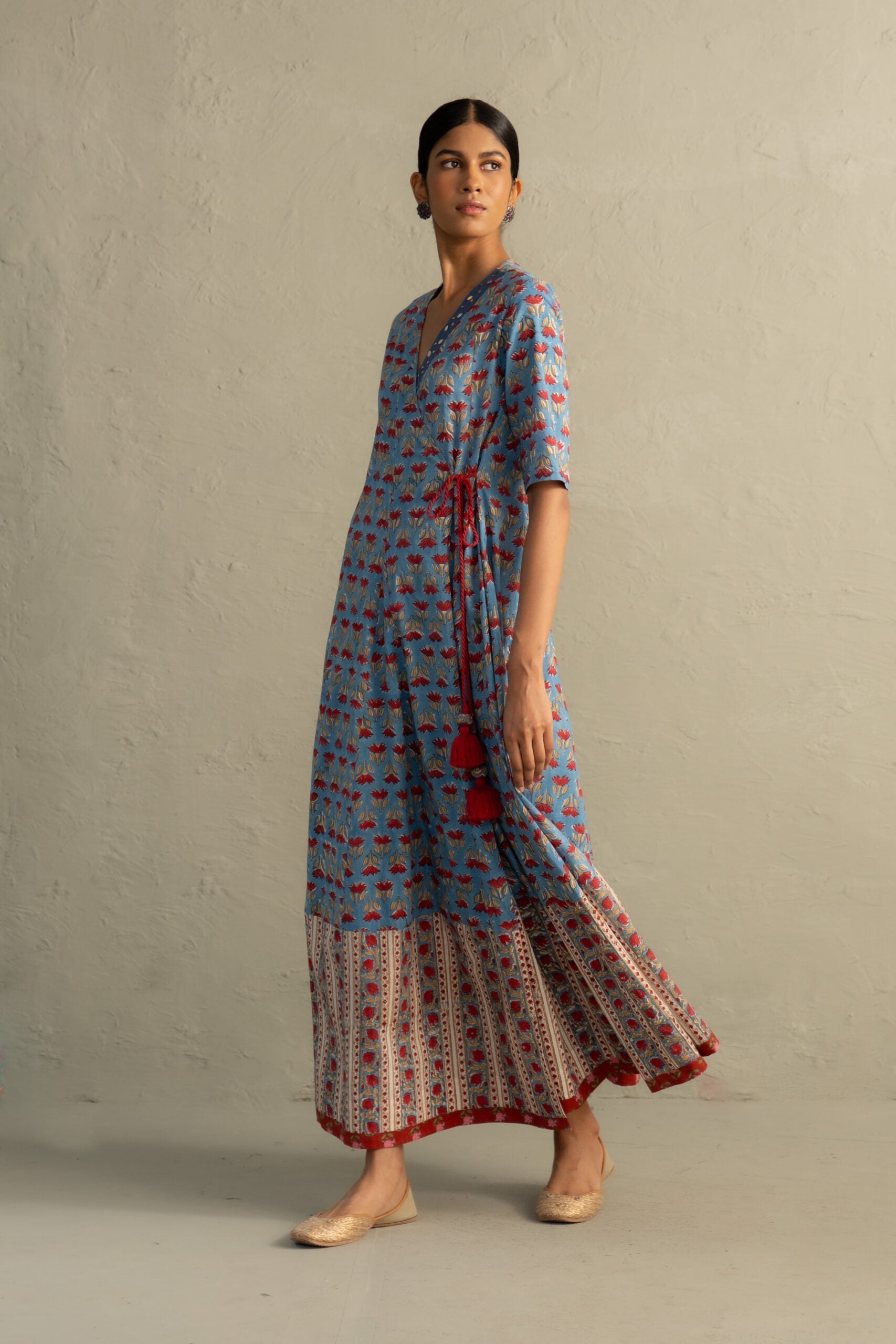 Blue Hand Block Wrap Around Dress