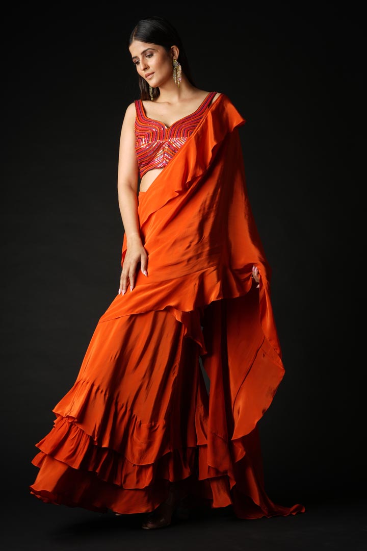 Rust Viscose Ruffled Saree Set