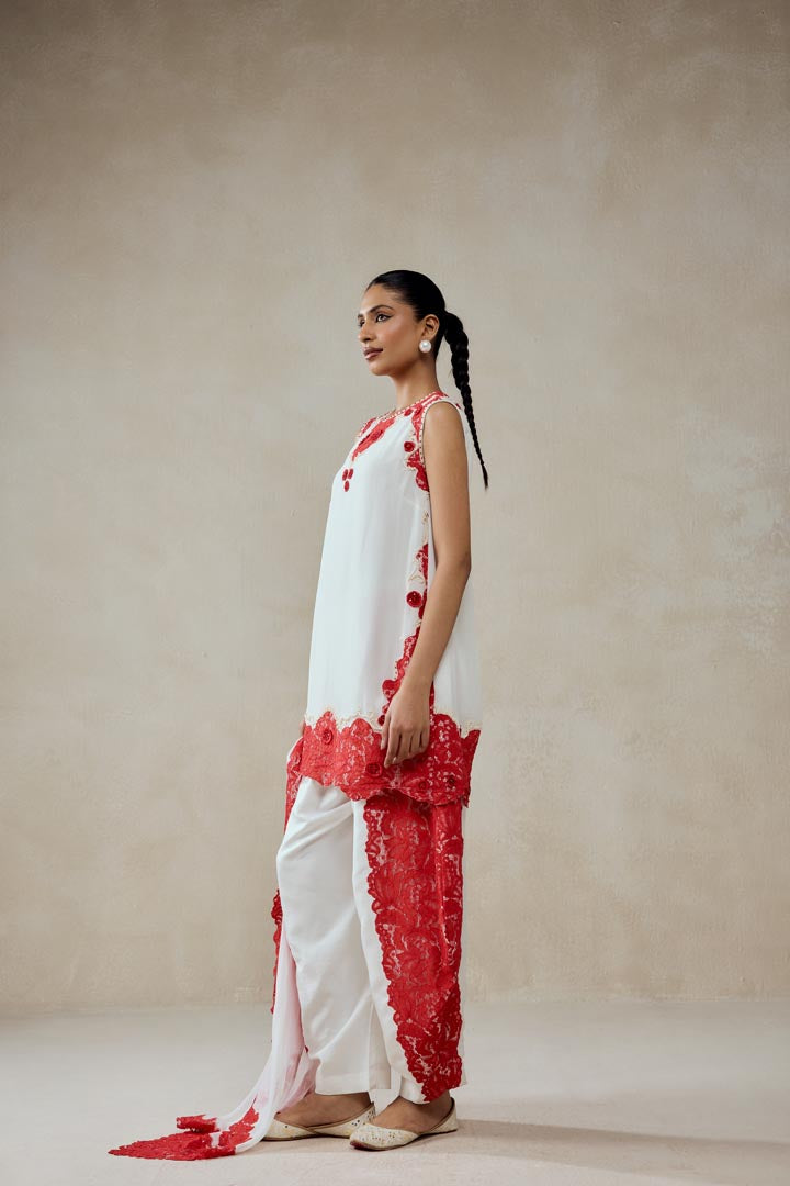 White Georgette Red Lace Applique Suit Set - Designer Festive Wear