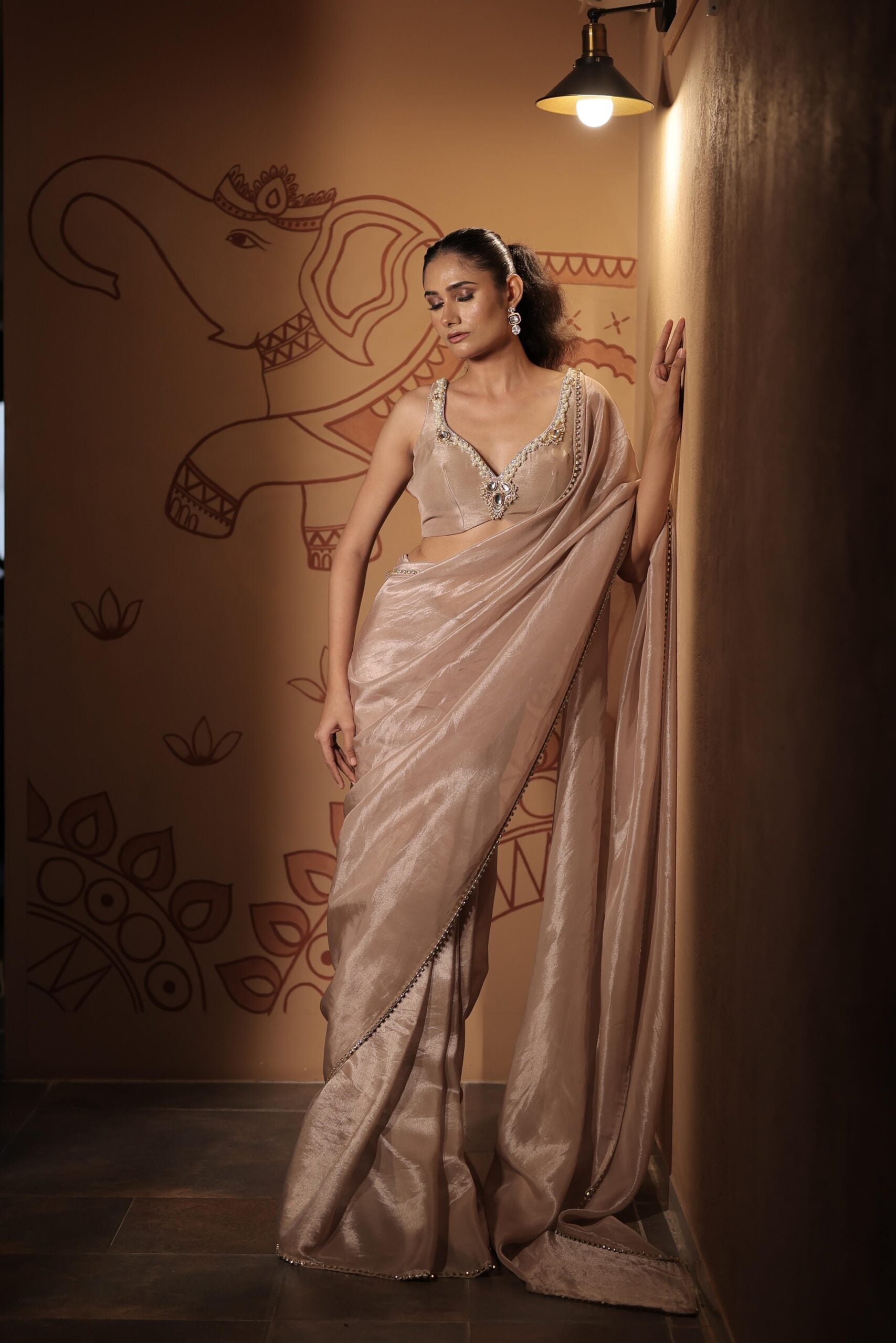 The "Motikundan " saree set /Champagne kundan and pearl embroidered tissue saree set