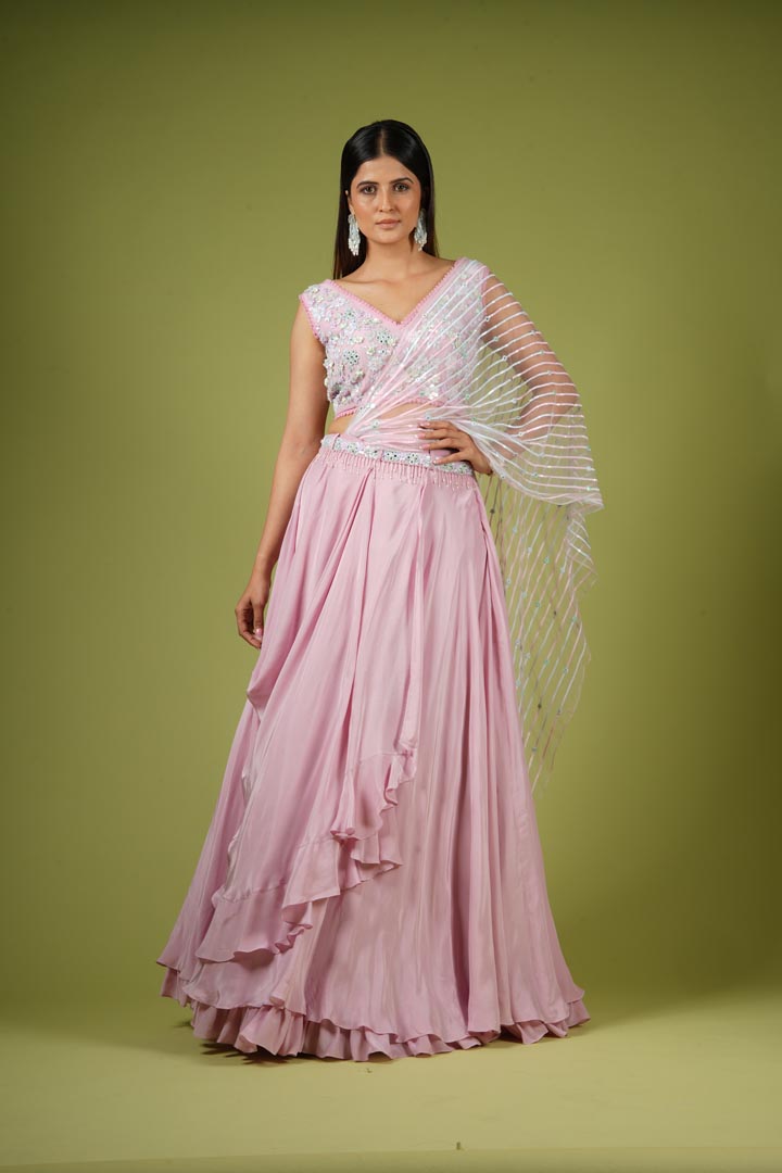 Onion Pink Viscose Ruffled Lehenga Set