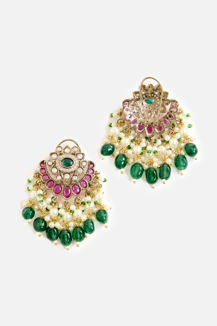 Gold-Plated Green & White Stone Long Necklace Set