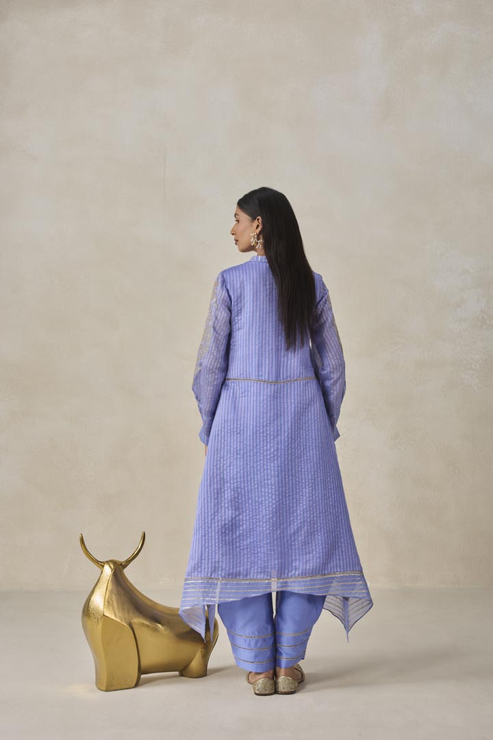 Ink Blue Chanderi Asymmetrical Kurta Set with Gold Embroidery