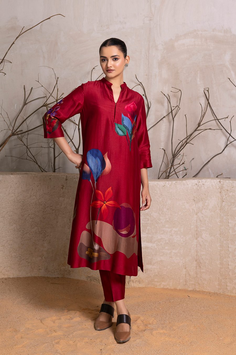 Red Silk Chanderi Printed Tunic (1 PC)