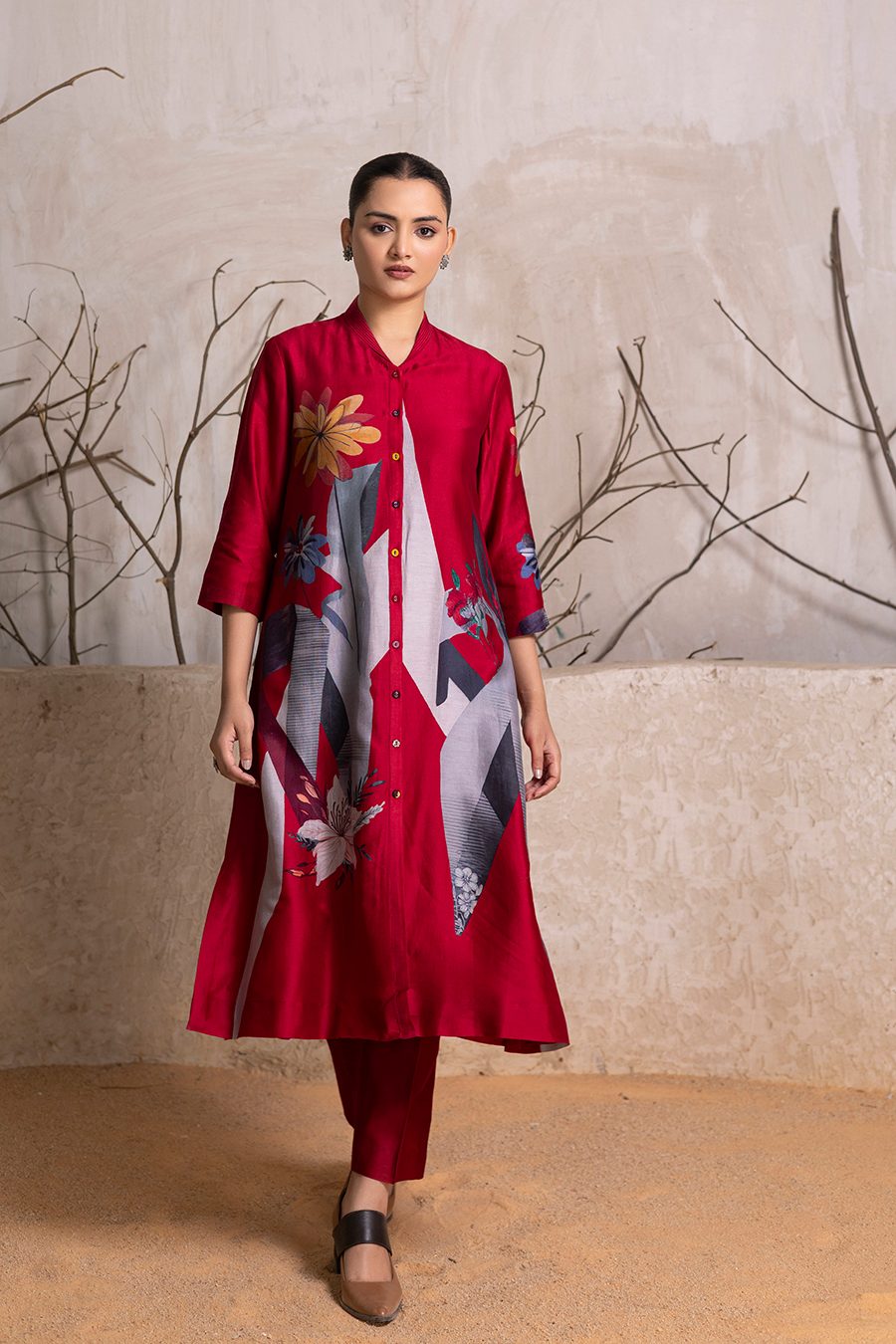 Red Silk Chanderi Printed Front Open Dress (1 PC)