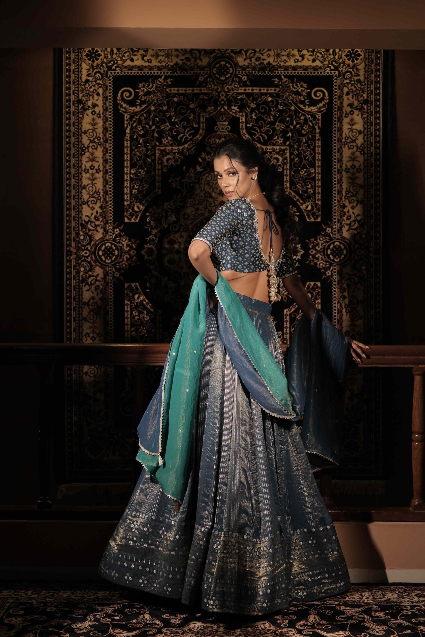 The " Neelaya" lehenga set ,Midnight blue kundan and sequins embroidered banarasi lehenga set