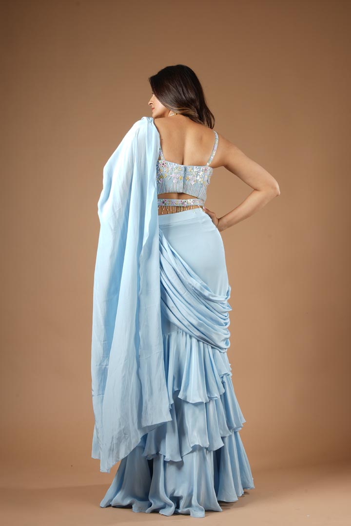 Powder Blue Viscose Ruffled Saree Set