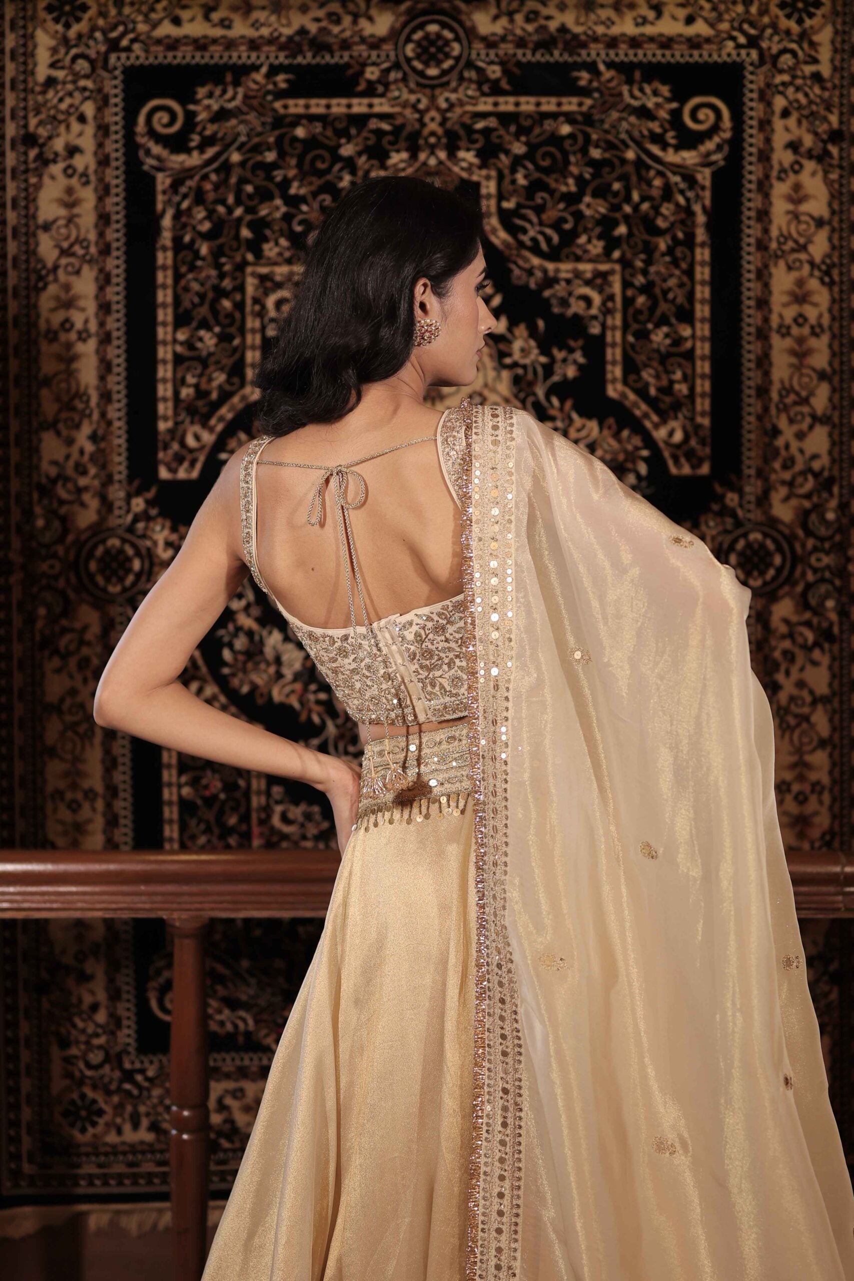 The "Roopmati " lehenga set / Ivory gold zardozi floral embroidered tissue lehenga set