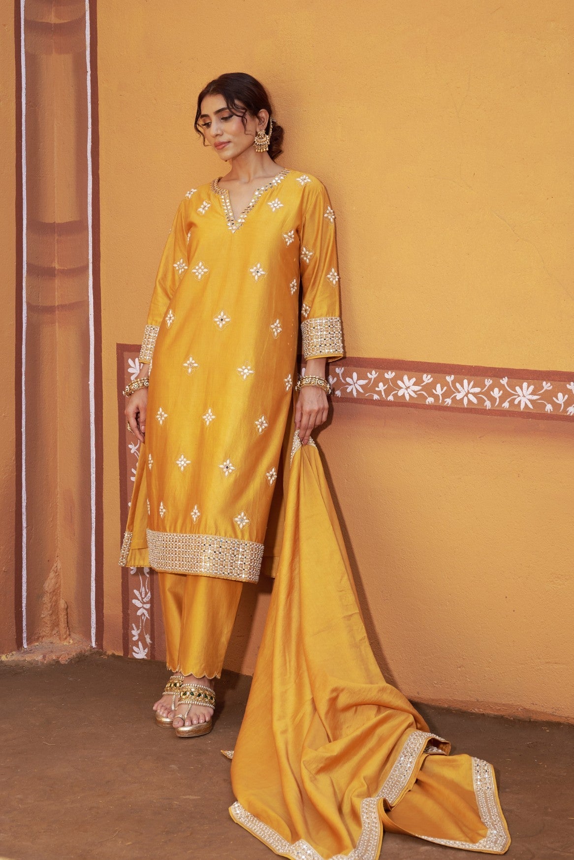 Golden yellow hand embroidered mirror work Kurta Set