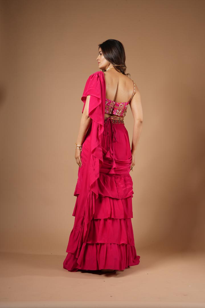 Ruby Pink Viscose Ruffled Saree Set