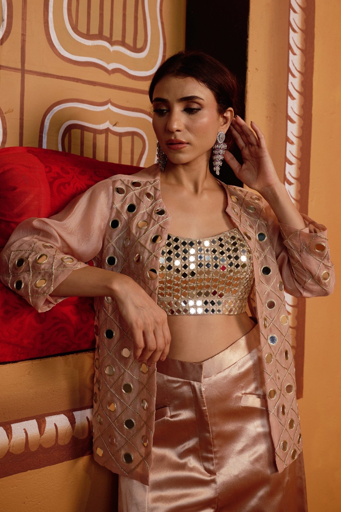 Mirror work Bustier with hand embroidered jacket and pants