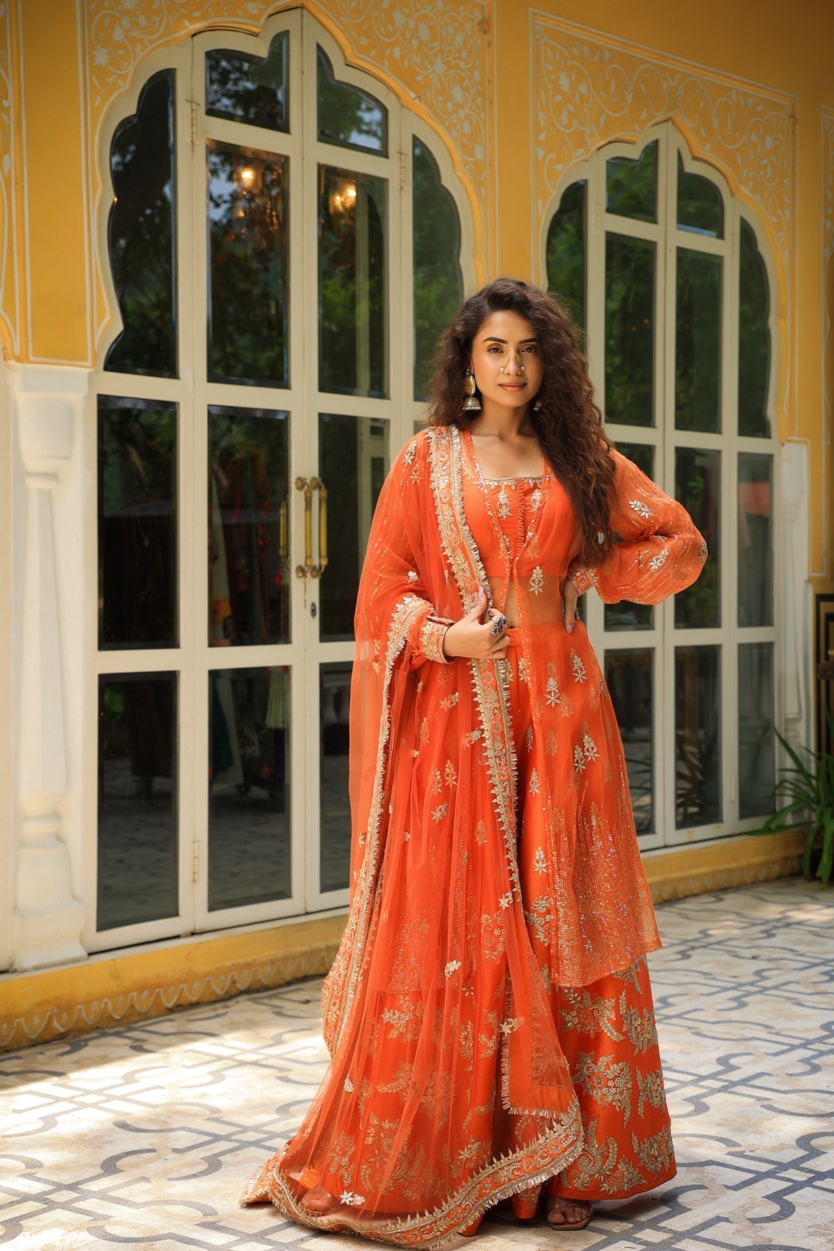 Image of Dilruba narangi gota patti sharara, top,jacket & dupatta set