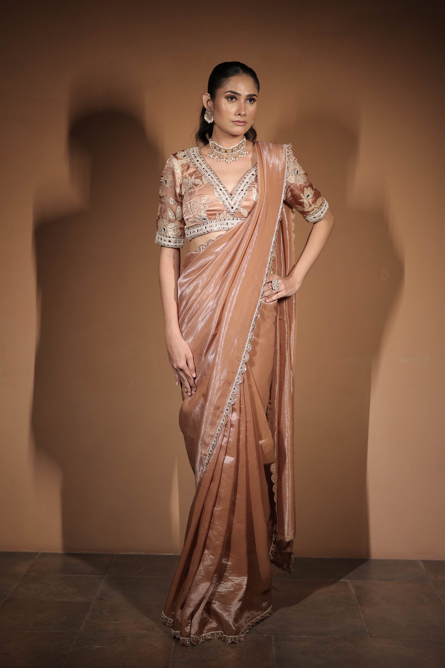 The " Whisparing Rose " saree set /Rose gold zardozi and mirror embroidered banarasi blouse and tissue saree set