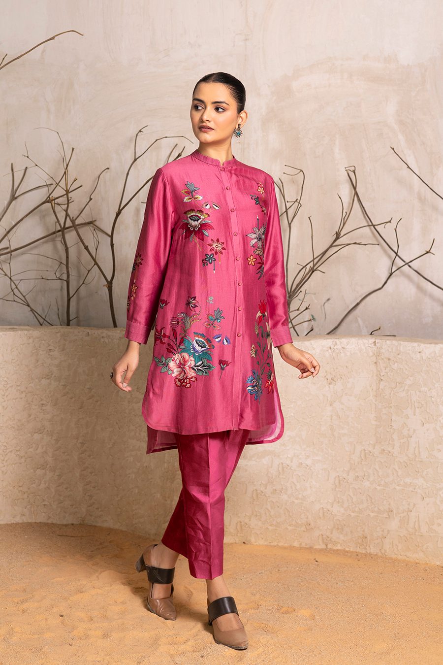 Old Rose Silk Chanderi Printed Shirt Style Tunic (1 PC)